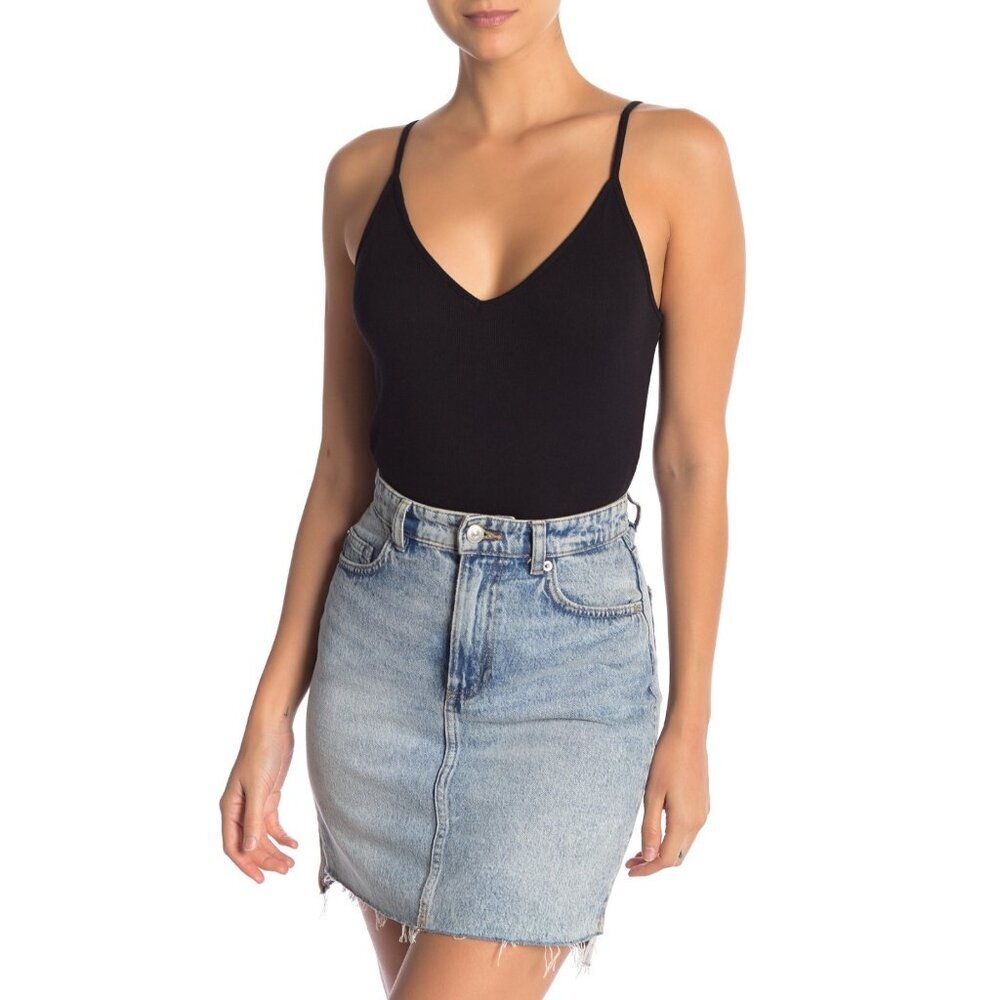 BP Womens Size XL Cotton Blend V-Neck Ribbed Thong Bodysuit in Black 166